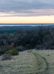 A road or path into the forest on the top of a hill. Lake Balaton is in the back.