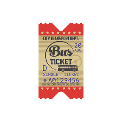 Single bus ticket boarding pass with tire-off control line isolated retro coupon. Vector city public transport intercity one way or single trip card bus ticket with control number, date and auto-bus