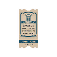 Retro ticket to museum, free excursion isolated vintage coupon, price and date. Vector antique historical building, admit one on card. Exhibition in city history museum, voucher access single entry