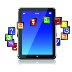Tablet pc computer with software apps icons around isolated