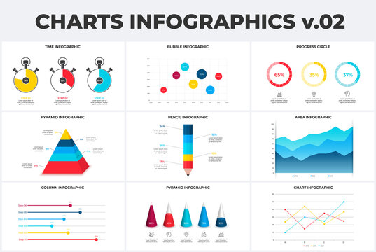 Set With Area, Bubble And Progress Charts Infographic Design Templates. Modern Flat Vector Illustration For Presentation. Annual Report