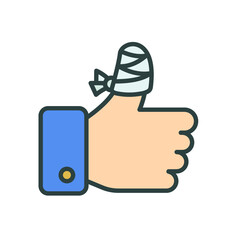 Hurt hand, bandage finger icon. Simple filled outline style. Like, thumb up gesture, injured, unavailable concept. Vector illustration isolated on white background. EPS 10.