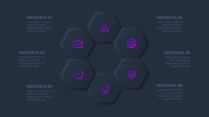 Dark neumorphic hexagons for infographic. Template for diagram, graph, presentation and chart. Skeuomorph concept with 6 options, parts, steps or processes
