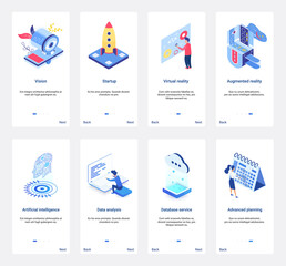 Isometric artificial intelligence technology for business startup vector illustration. UX, UI onboarding mobile app page screen set with digital planning and analysis data, virtual database service