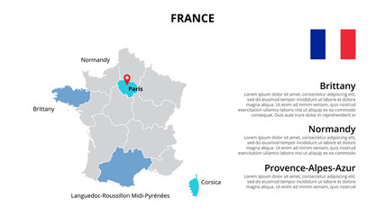 France vector map infographic template divided by countries. Slide presentation