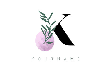 K Letter logo design with pink circle and green leaves. Vector Illustration with with Botanical elements. Nature vector template design concept with K letter.
