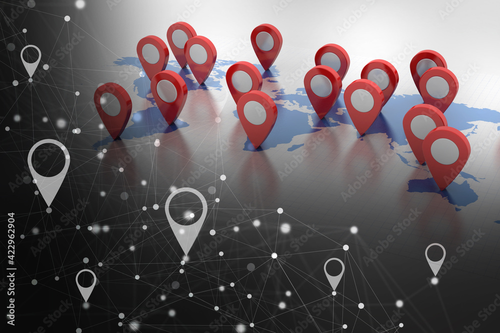 Fototapete 3d rendering red map pointer