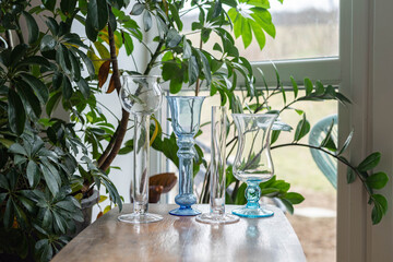 Mid-century turquoise blue and white modern artisan glass vase collection on a wooden table with plants before the window