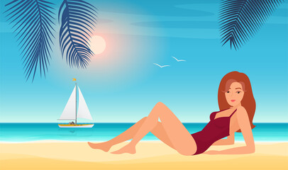 Summer girl in bikini vector illustration. Cartoon beautiful young woman character in swimsuit sunbathing on tropical beach landscape, glamour fashion beach party, vacation summertime background