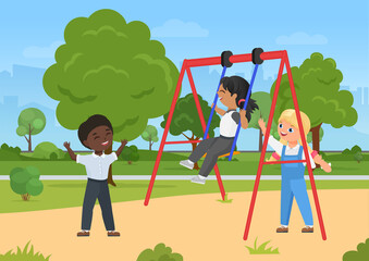 Children play, fun outdoor activity on playground in summer city park vector illustration. Cartoon happy boy and girl child characters playing swinging together, funny friends riding swing background