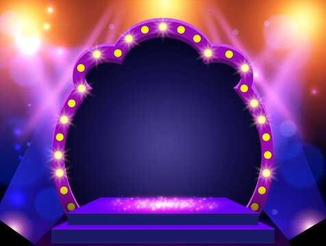 Background with podium and blue and yellow spotlights and arch banner. Design for presentation, concert, show