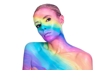 Portrait of a young woman with iridescent makeup posing in the studio. Creative body art with rainbow overflows on female head and shoulders. Isolated on white background.