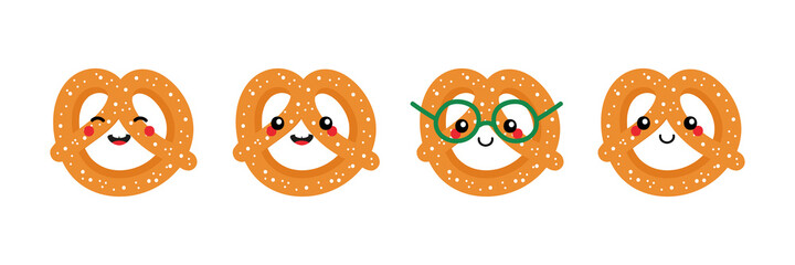 Set, collection of cute smiling cartoon style pretzel, knot-shaped baked pastry characters for food design.
