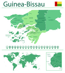 Guinea-Bissau detailed map and flag. Guinea-Bissau on world map.