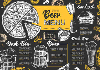 Restaurant beer menu design. Decorative sketch of beer and seafood snack. Fast food menu