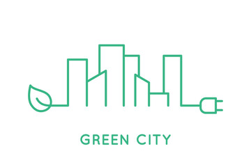 Green city skyline line icon. Cityscape with a leaf and a plug. Sustainable energy sources. Healthy lifestyle in urban area. Smart home in the town. Green living. Vector illustration, flat, clip art.