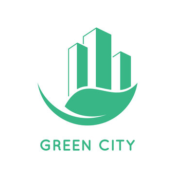 Green City Icon. Buildings And Leaf. Green Living Concept. Environmental Awareness In Urban Area. Eco Friendly Home Logo Or Symbol. Sustainable Lifestyle In Town. Vector Illustration, Flat, Clip Art. 