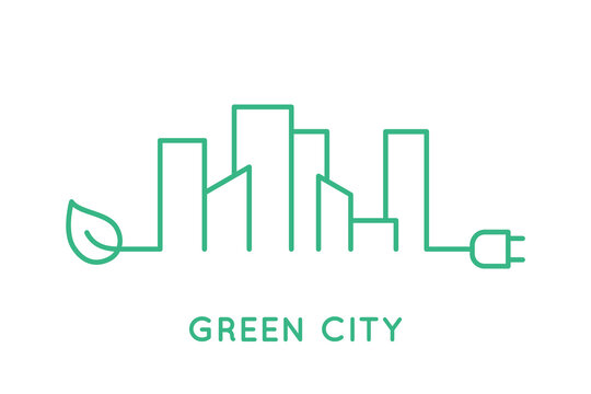 Green city skyline line icon. Cityscape with a leaf and a plug. Sustainable energy sources. Healthy lifestyle in urban area. Smart home in the town. Green living. Vector illustration, flat, clip art.
