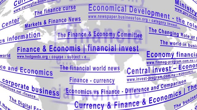 The links of imaginary no-existing websites for financial services and information with the Earth map move on a display, close up.