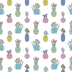 Cute seamless vector floral pattern. Pattern with flowers in buckets