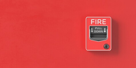 Fire protection switch	on red background. 3D rendering.