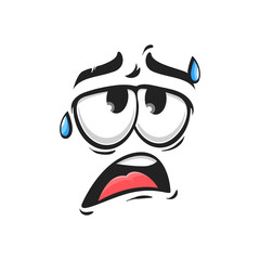 Tired emoticon after workout isolated face with drops of sweat. Vector indifferent emoji, fatigue comic smiley head. No energy avatar with tongue in mouth. Burnout emoticon, exhausted face expression