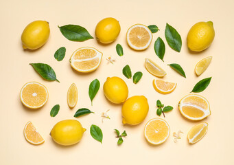 Many fresh ripe lemons with green leaves and flowers on beige background, flat lay