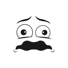 Worried, unsure or amazed emoticon with curved open mouth and big eyes isolated icon. Vector scared surprised smiley, afraid or horrified emoji, panic and horror. Emoji with shocked facial expression