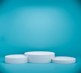 3 white podiums on a blue background