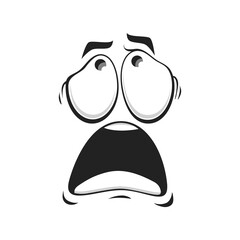 Cartoon face vector scared or upset emoji with open mouth and eyes looking up. Funny facial expression, negative shocked feelings, character frightened emotion isolated on white background
