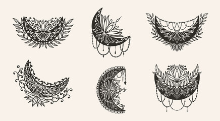 Moon crescent flower mandala.Astrology boho witch symbol amulet.Sacred mystic decoration trendy style