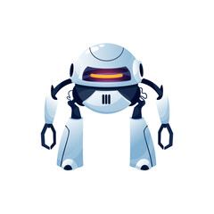 Cartoon robot vector cyborg character. Artificial intelligence technology, toy or bot with digital glow display, mighty legs and long arms with claws, futuristic ai object