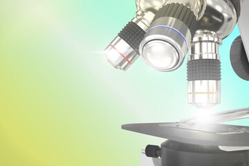 nano technology research concept, lab modern scientific microscope with flare on gradient background - object 3D illustration