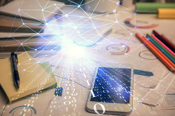 Double exposure of data theme drawing and mobile phone background. Concept of innovation