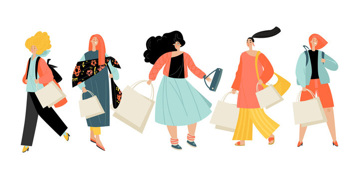 Set of vector images of cute girls with shopping bags. Sale concept.