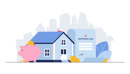 Mortgage loan. Investing money in housing, housing credit. Vector illustration with piggy bank, house, mortgage agreement and silhouette of city in the background. Rental agreement and golden coins.