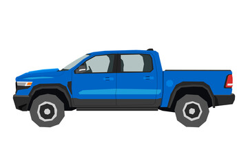 Fototapeta premium Pickup drawing. Off-road car in cartoon style. Isolated vehicle art for kids bedroom decor. Side view of blue SUV. Truck for nursery decor