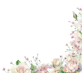 Corner of watercolor wild pink flowers and roses on white background 