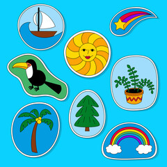 A set of beautiful colorful stickers on the theme of nature. Illustration in a flat style.