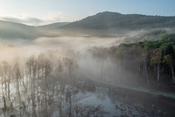 下川町サンルダム朝霧の風景
