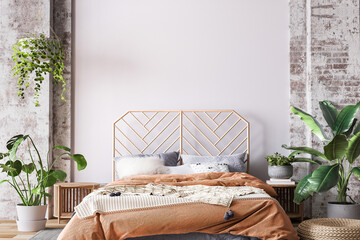 Wooden bed in loft apartment design, interior of bedroom with empty wall mockup, 3d render © lilasgh