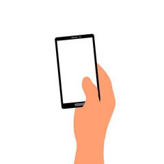 Hand holding a smartphone on a white background. Flat design. Vector illustration