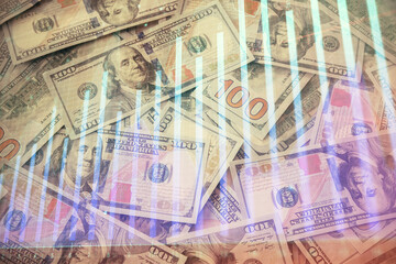 Multi exposure of forex chart drawing over us dollars bill background. Concept of financial success markets.