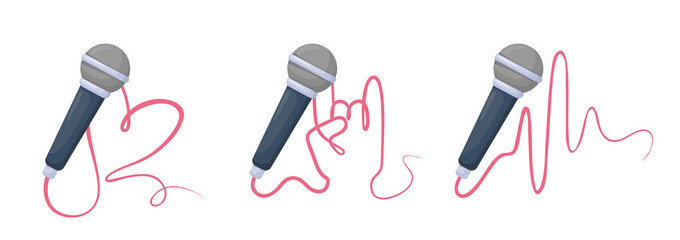 Set of microphone music record symbols. Vector microphone with heart, rock hand and audio waves. 