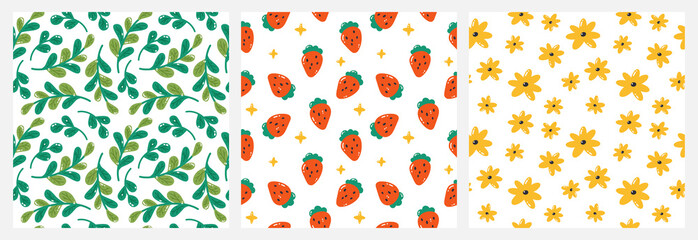 A set of summer colorful seamless patterns. Green cartoon twigs, cute strawberries, yellow flowers. Vector illustrations. Design for fabric, textile, wrapping paper. Wallpapers, Backgrounds