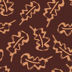 Obraz premium Oak leaf seamless vector pattern background. Simple calligraphy brush effect foliage warm brown ochre backdrop. Minimal elegant outline design. Duotone painterly style all over print for packaging