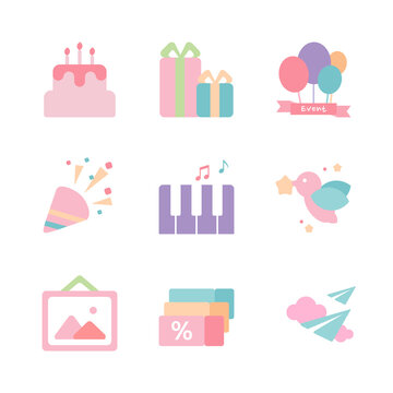 Colorful icons associated with anniversaries and celebrations.
