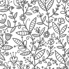 Seamless pattern with different plants and  flowers on white background. Vector print with herbs. Botanical doodle wallpaper.