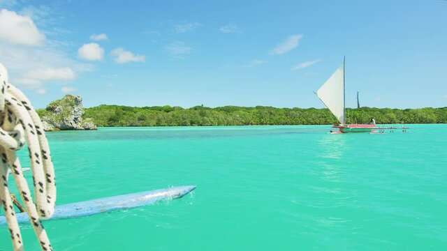 Traditional pirogue tour in the scenic Upi bay, Isle of Pines. New Caledonia