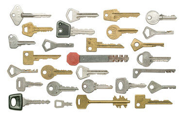 Different old keys on white isolated background